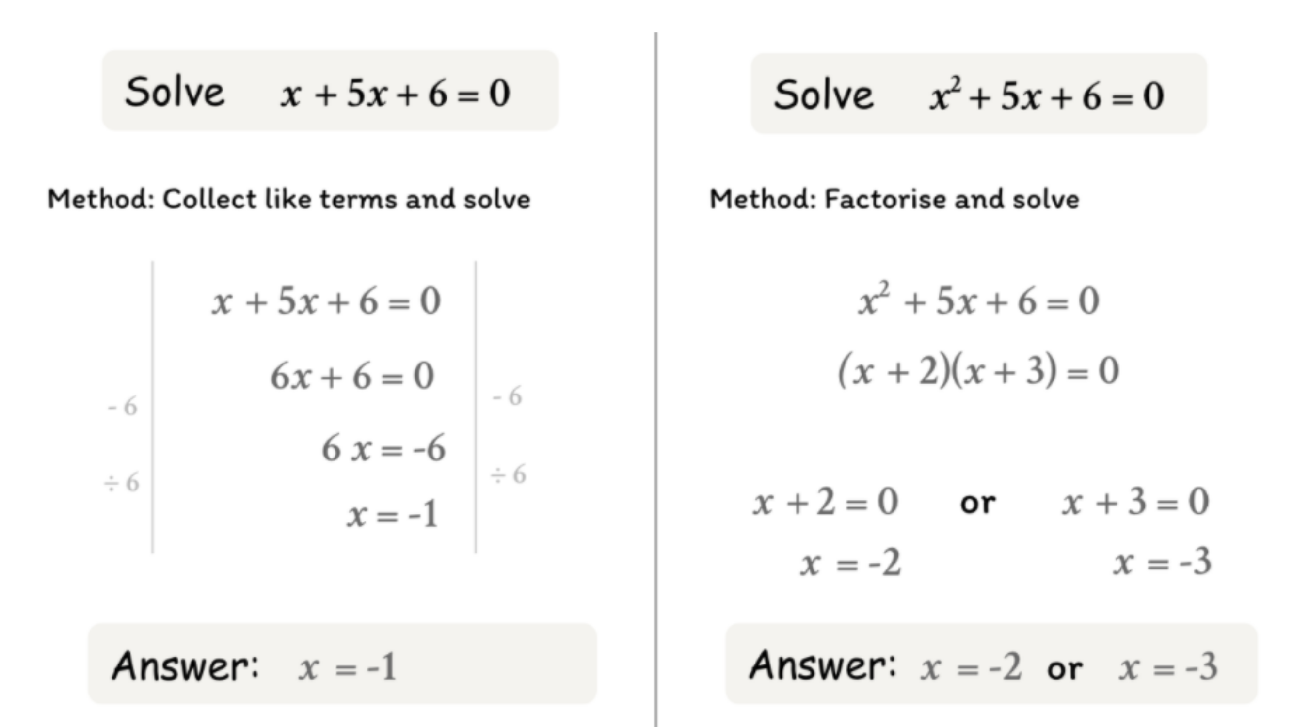 Image shows two similar-looking maths questions that actually require quite different methods to solve.